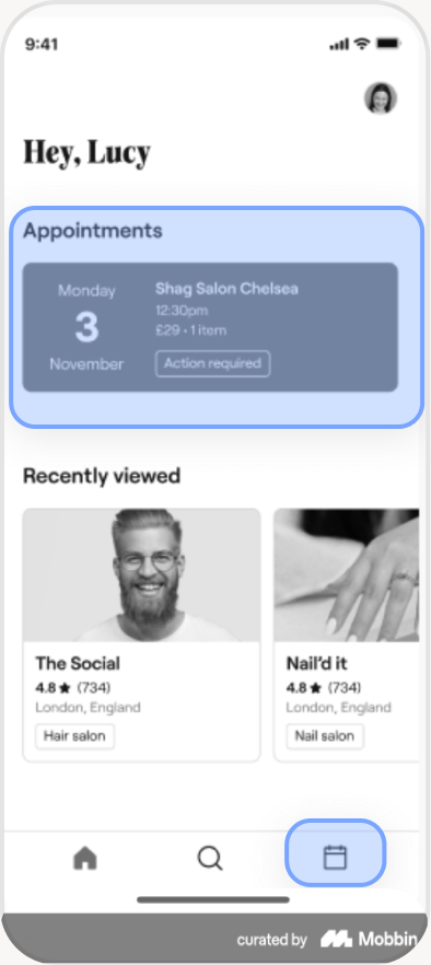 Fresha app screen, greyscaled, with the recurring interface patterns marked in colour.