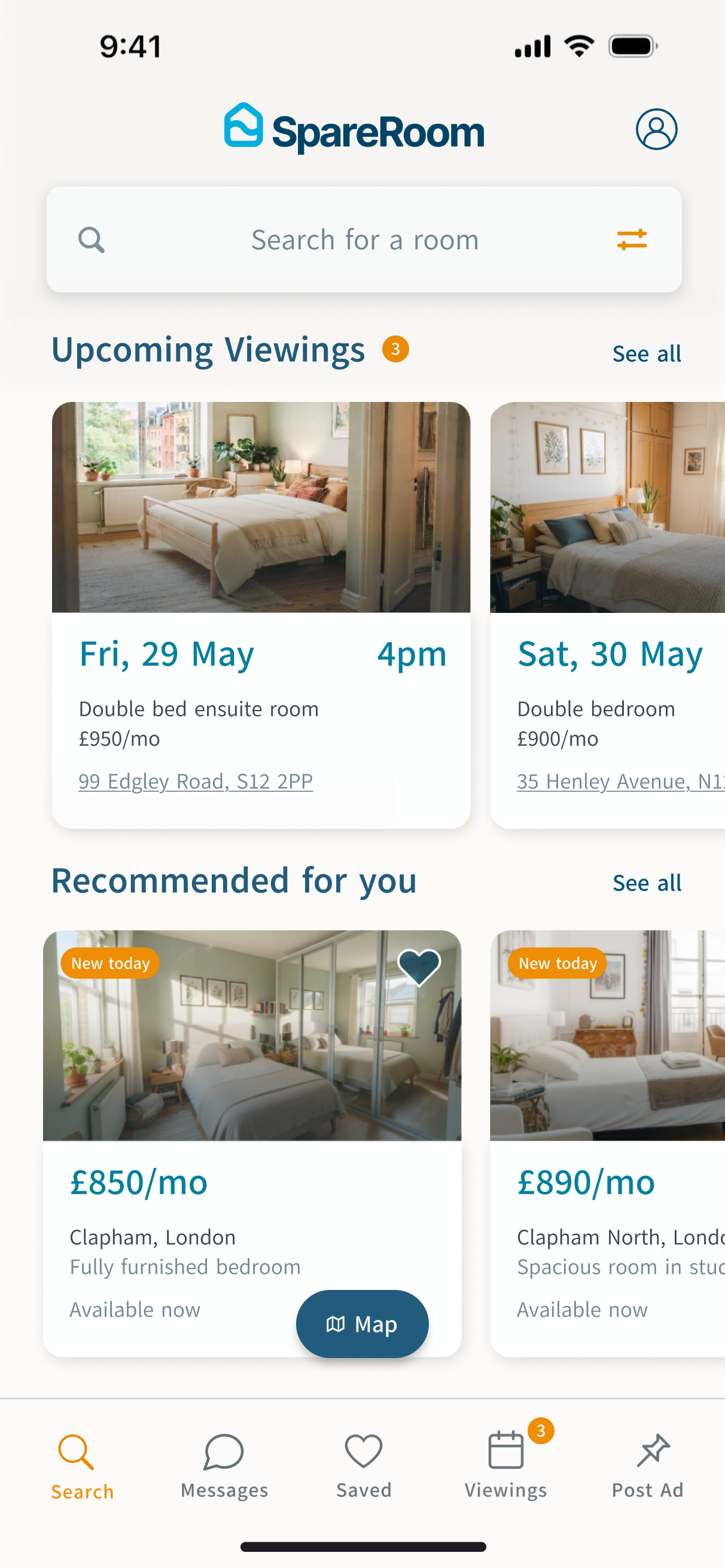 The proposed SpareRoom home screen: upcoming viewings surfaced above the room search.