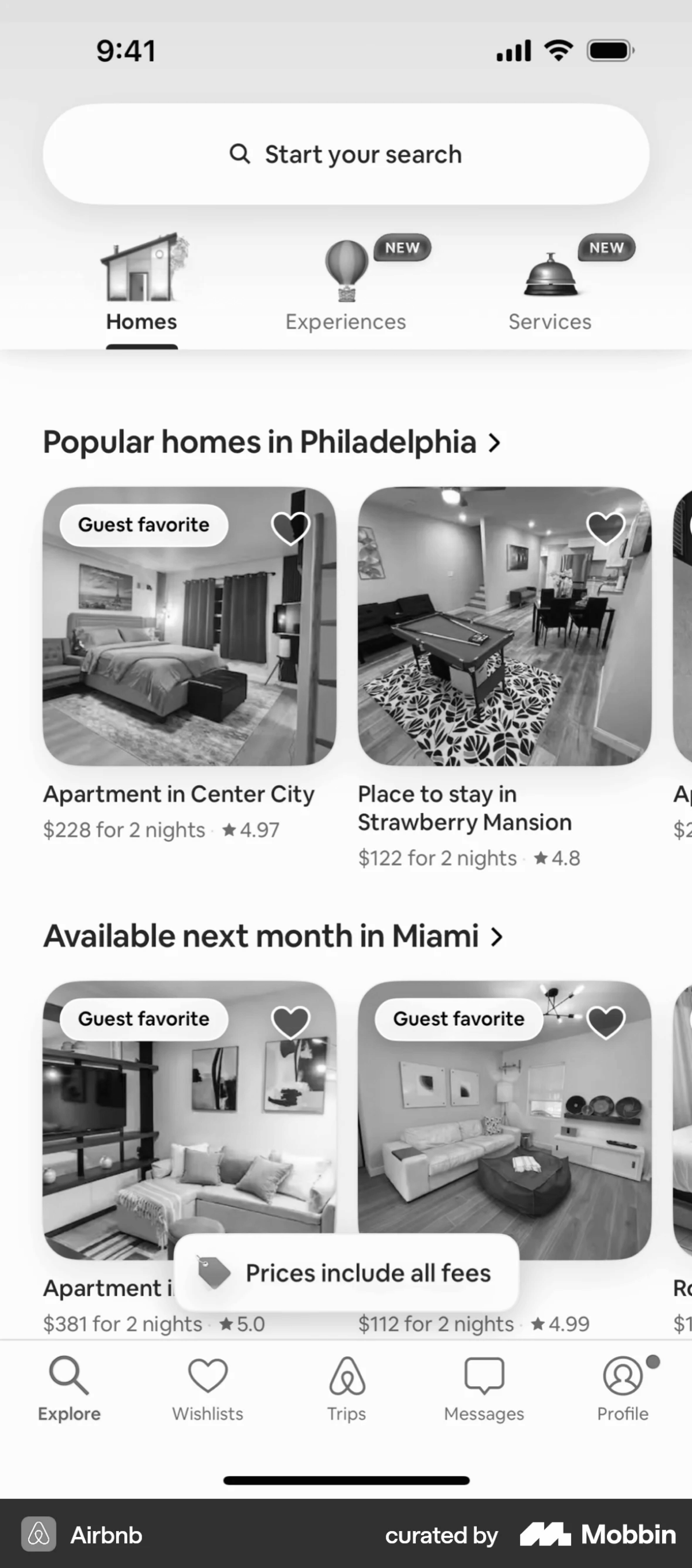 Airbnb app screen, greyscaled, with the recurring interface patterns marked in colour.