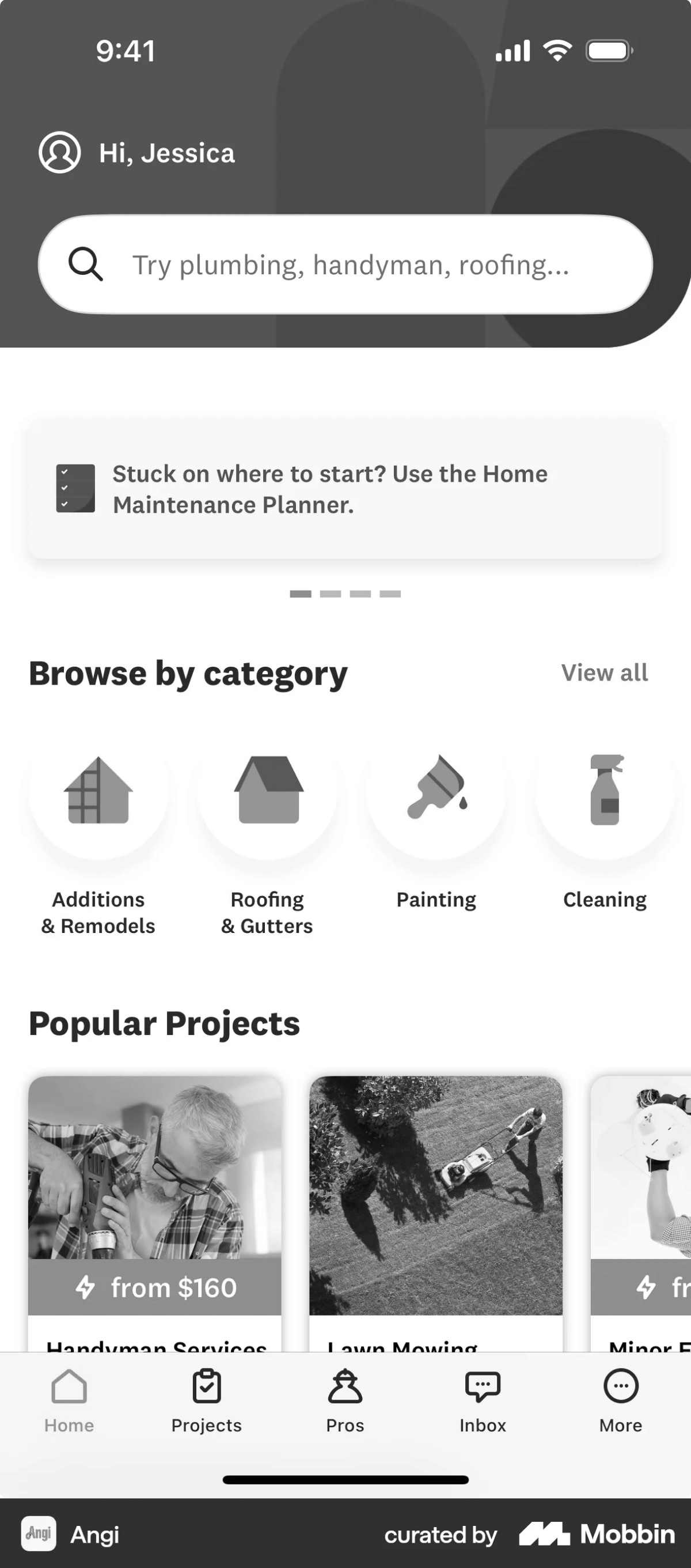 Angi app screen, greyscaled, with the recurring interface patterns marked in colour.