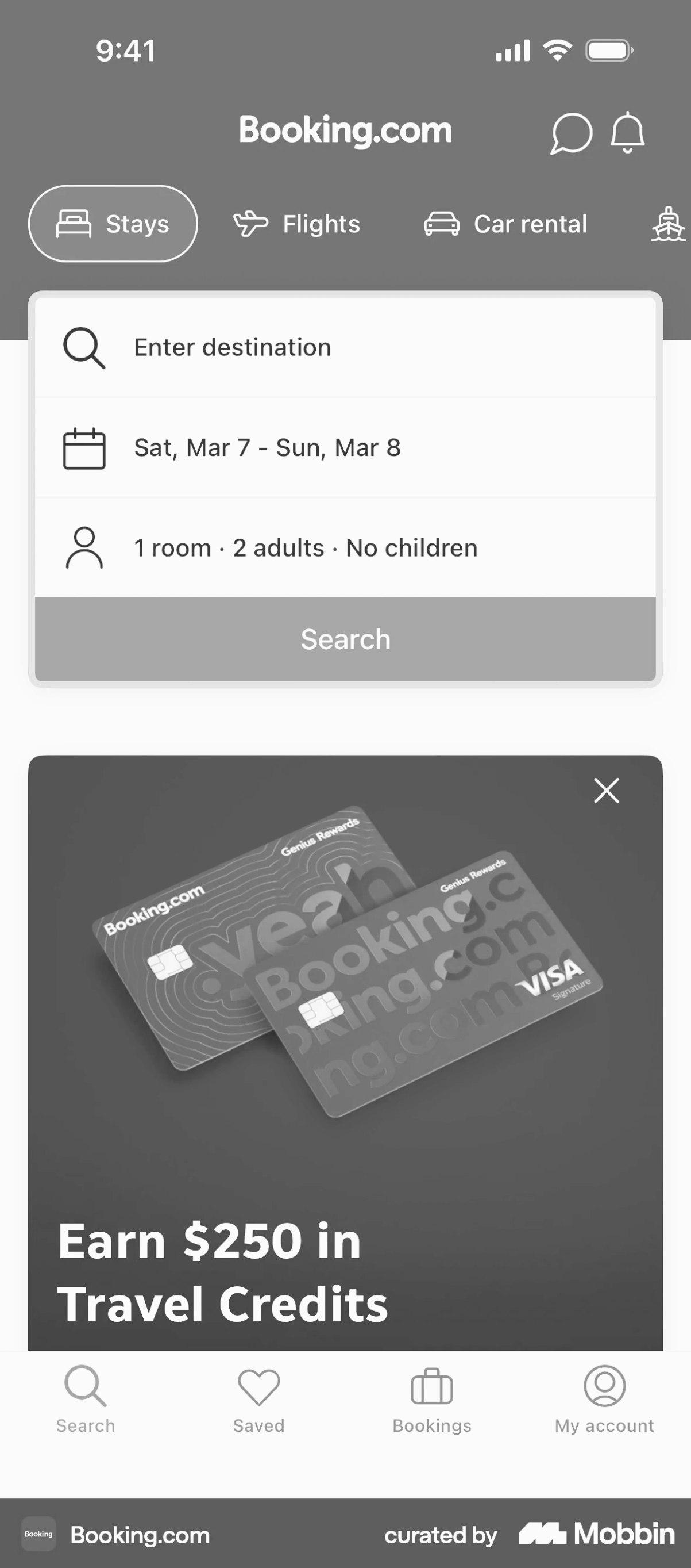 Booking.com app screen, greyscaled, with the recurring interface patterns marked in colour.