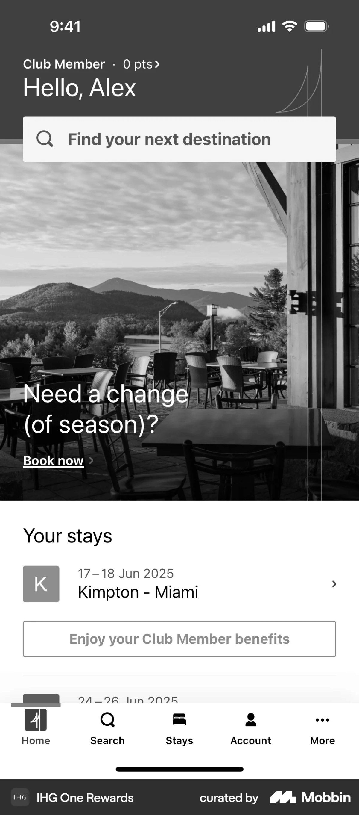 IHG app screen, greyscaled, with the recurring interface patterns marked in colour.