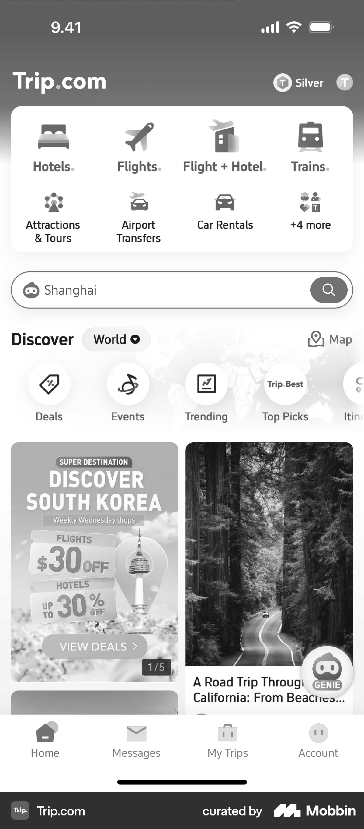 Trip.com app screen, greyscaled, with the recurring interface patterns marked in colour.
