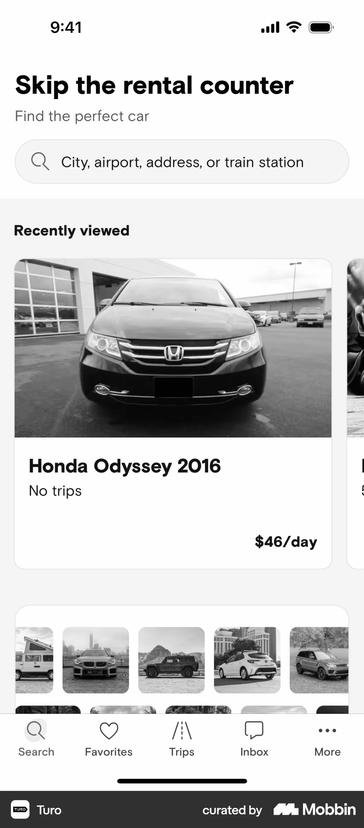 Turo app screen, greyscaled, with the recurring interface patterns marked in colour.