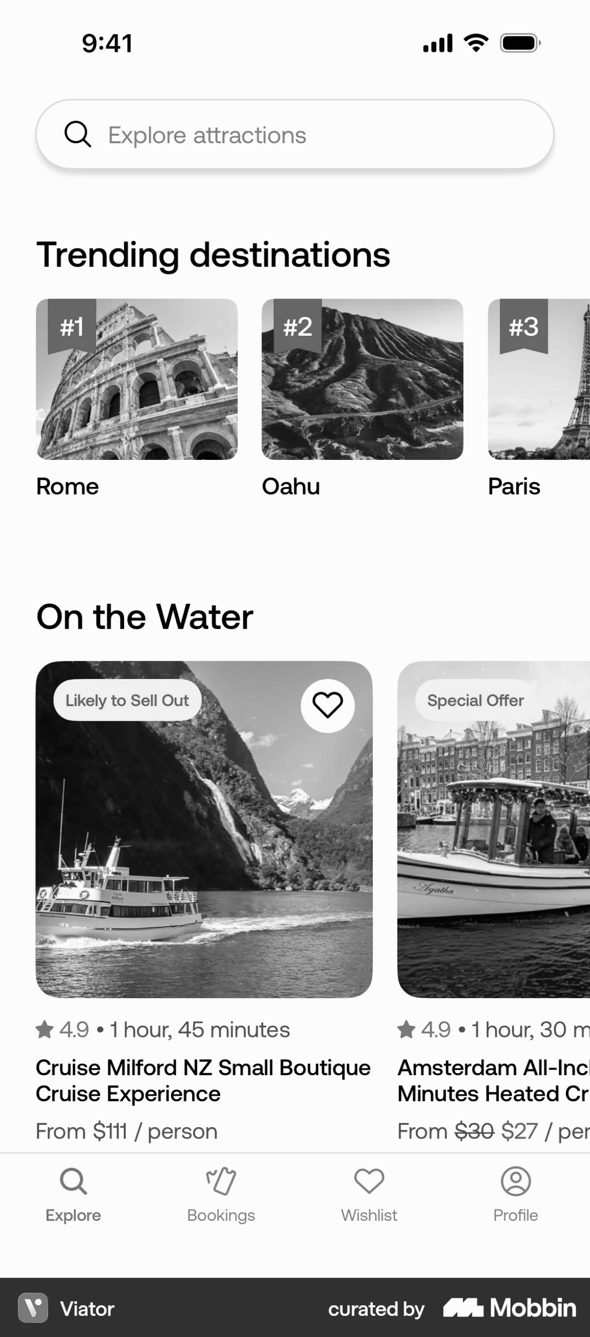 Viator app screen, greyscaled, with the recurring interface patterns marked in colour.