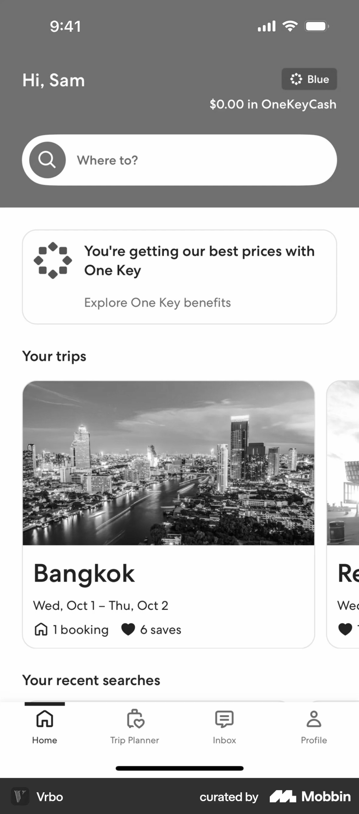Vrbo app screen, greyscaled, with the recurring interface patterns marked in colour.