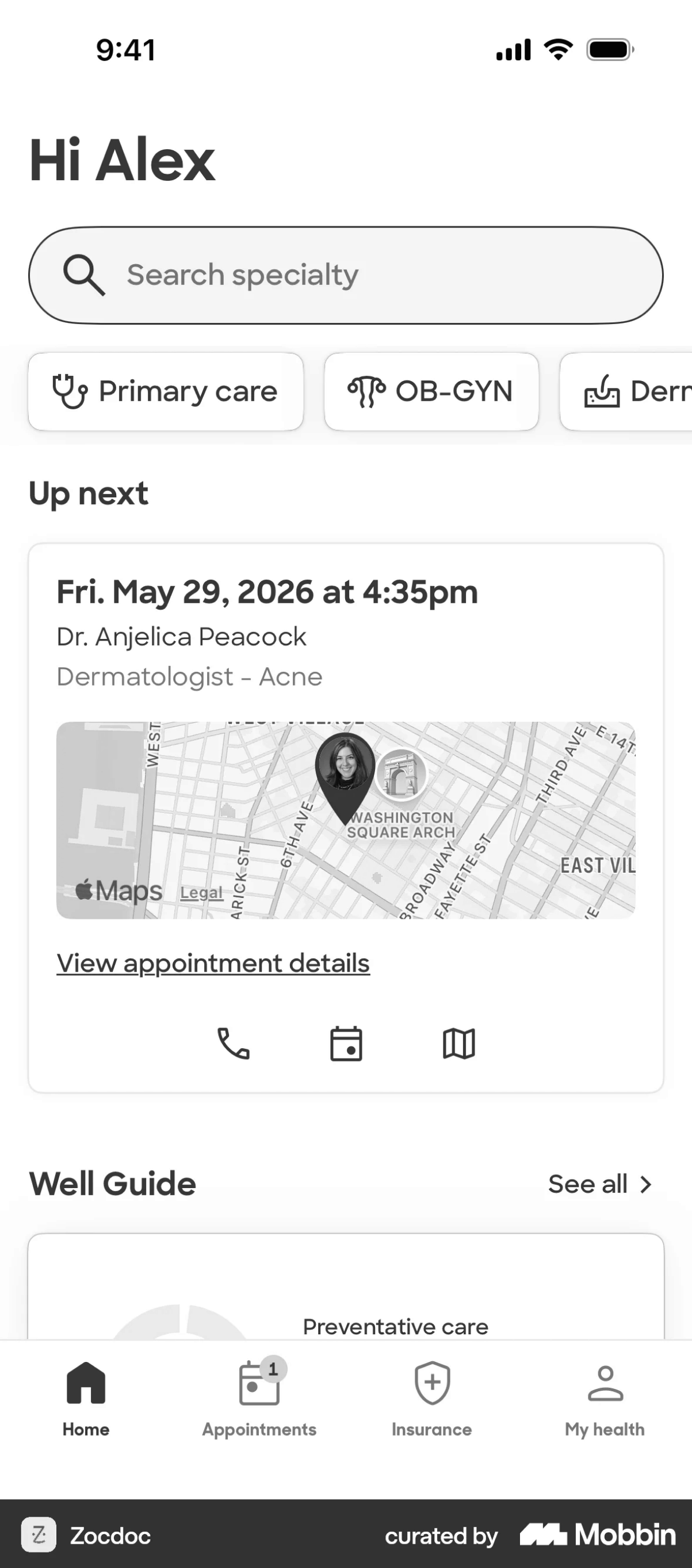Zocdoc app screen, greyscaled, with the recurring interface patterns marked in colour.