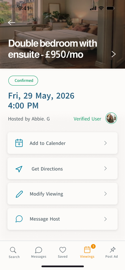 A confirmed viewing with options to add to calendar, get directions, modify or message the host.