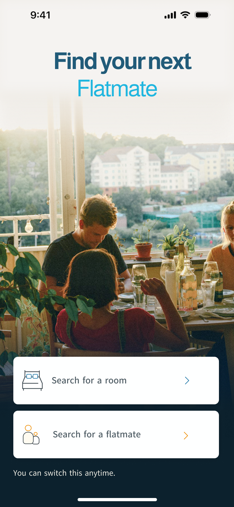 The SpareRoom splash screen: find your next flatmate, with search cards for rooms and flatmates.