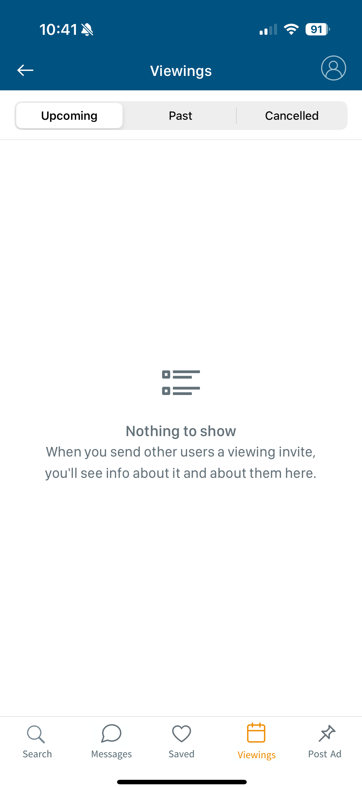 Iteration 1 viewings screen, with the account icon moved to the top navigation, circled in pen.