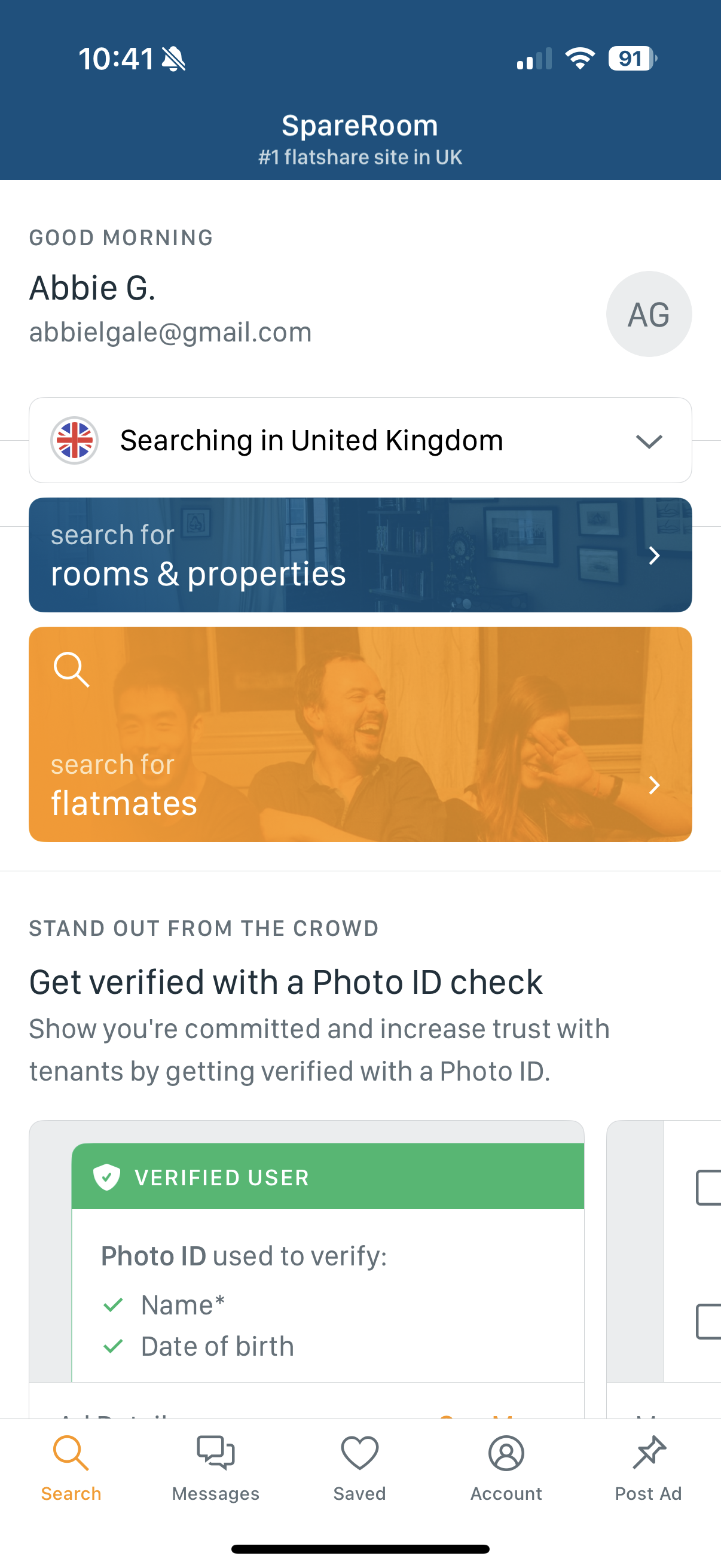 The existing SpareRoom home screen: search cards for rooms and flatmates, with no sign of upcoming viewings.