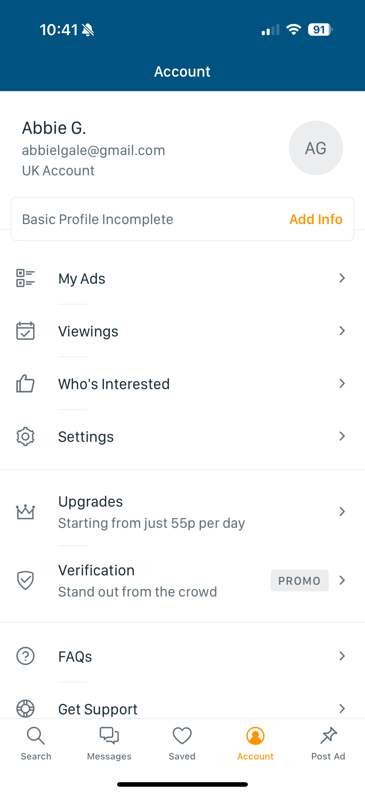 The account screen, with Viewings buried in a long list.