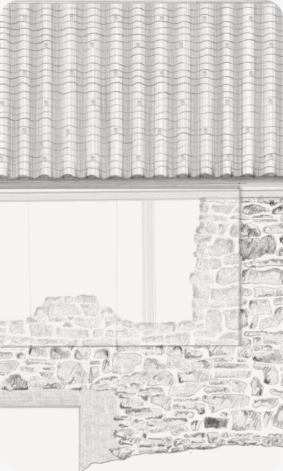 Tonal drawing of a tiled roof and stone wall