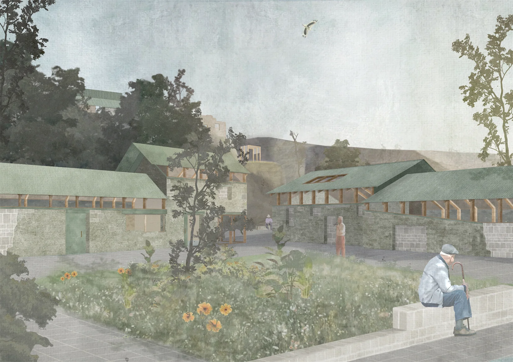 Painted study of a heritage building and garden