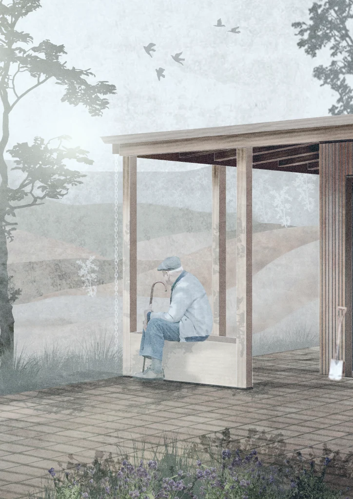 Rendered illustration of a person seated under a timber canopy