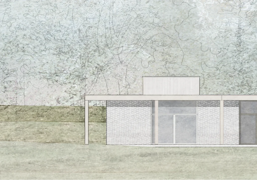 Elevation render of a brick pavilion in a landscape
