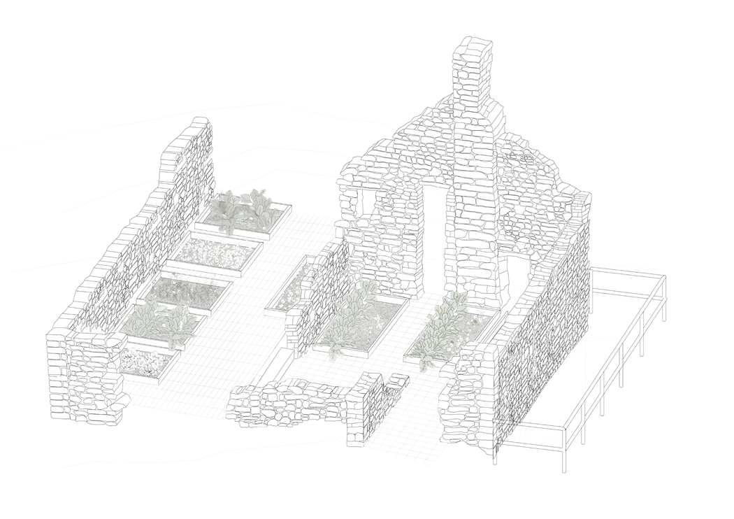 Stippled axonometric drawing of a stone ruin