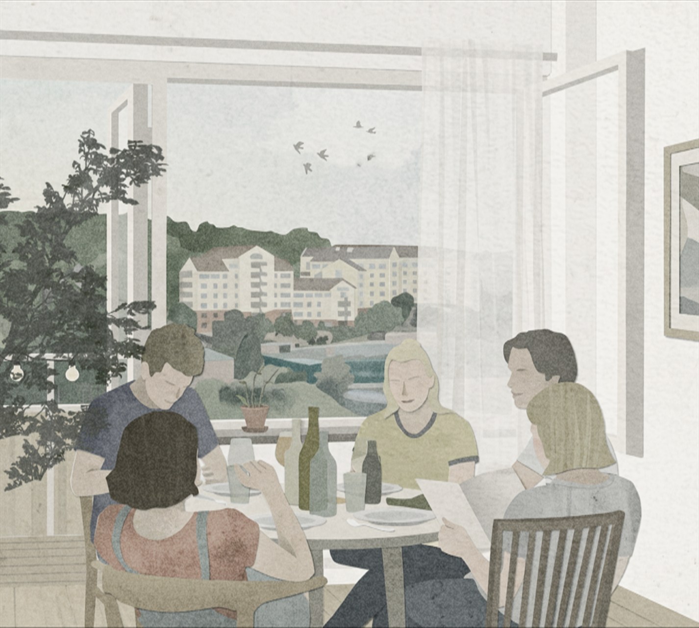 Interior illustration — flatmates at dinner