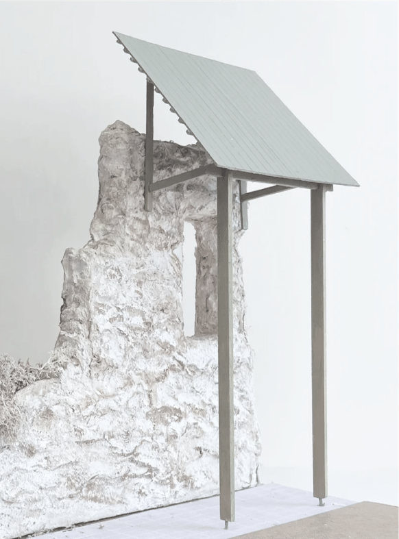 Fragment model of a proposed support — a sage timber canopy resting gently against a modelled stone ruin.