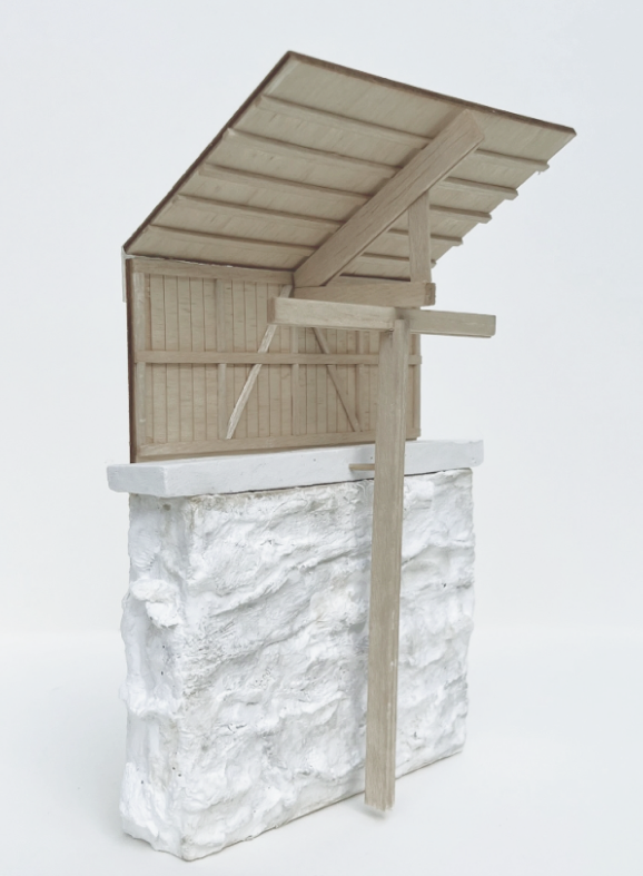 Fragment model studying the Hedmark Museum — a timber frame floating above a white plaster ruin wall.