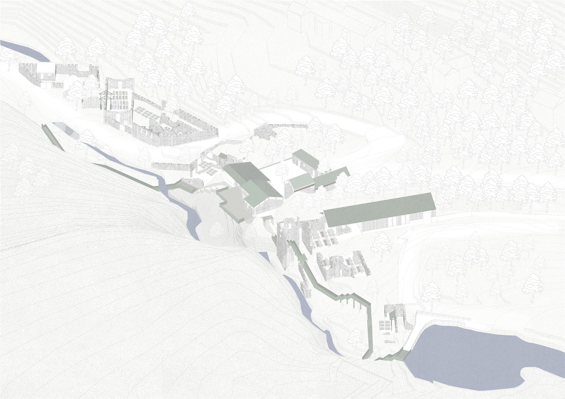 Proposed axonometric of Lumsdale Valley — sage-roofed interventions, walled gardens and a raised pathway threaded between the ruins, down to the lake.
